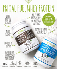Ingredients panel highlights whey protein isolate and monk fruit sweetness.