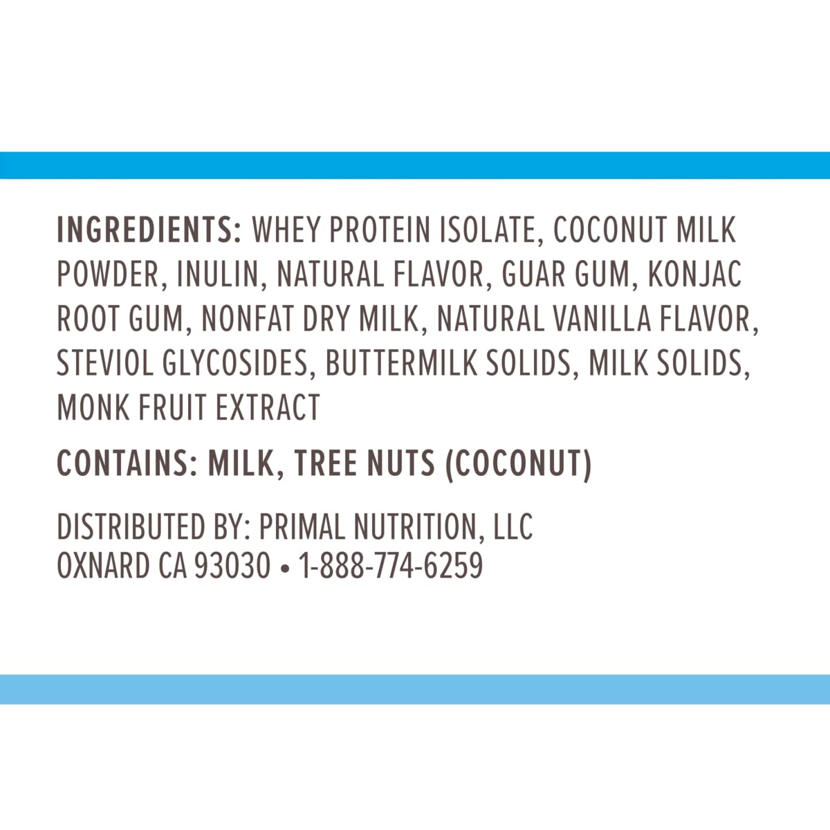 Primal Kitchen Primal Fuel vanilla coconut label close-up communicating paleo-friendly whey details.