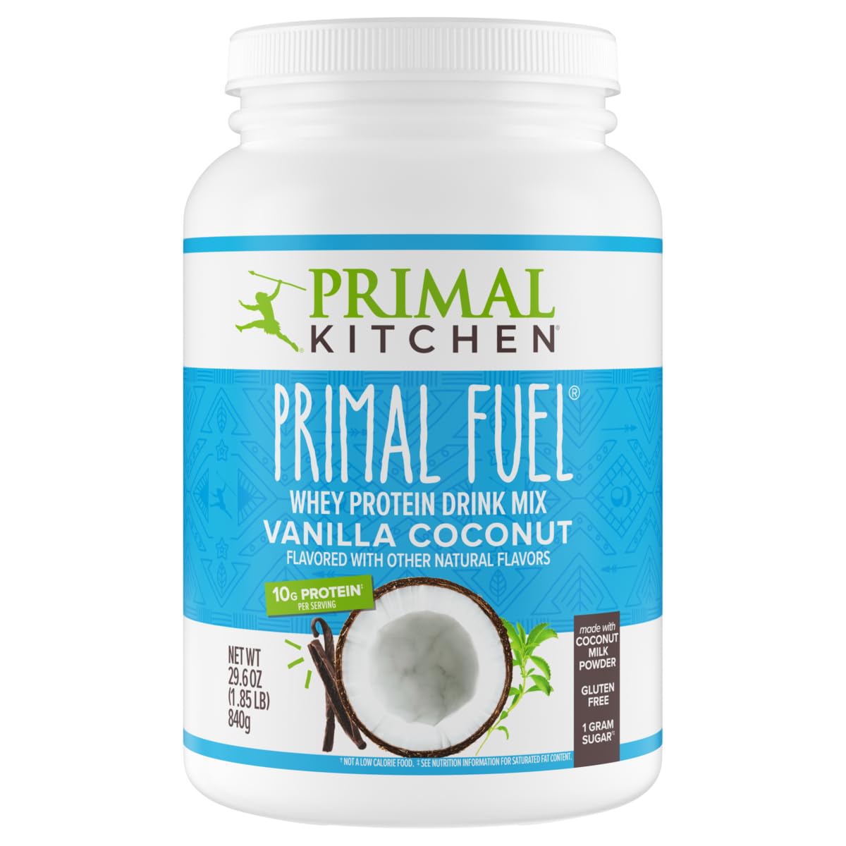 Primal Kitchen Primal Fuel vanilla coconut whey protein tub for daily shakes with clean ingredients.