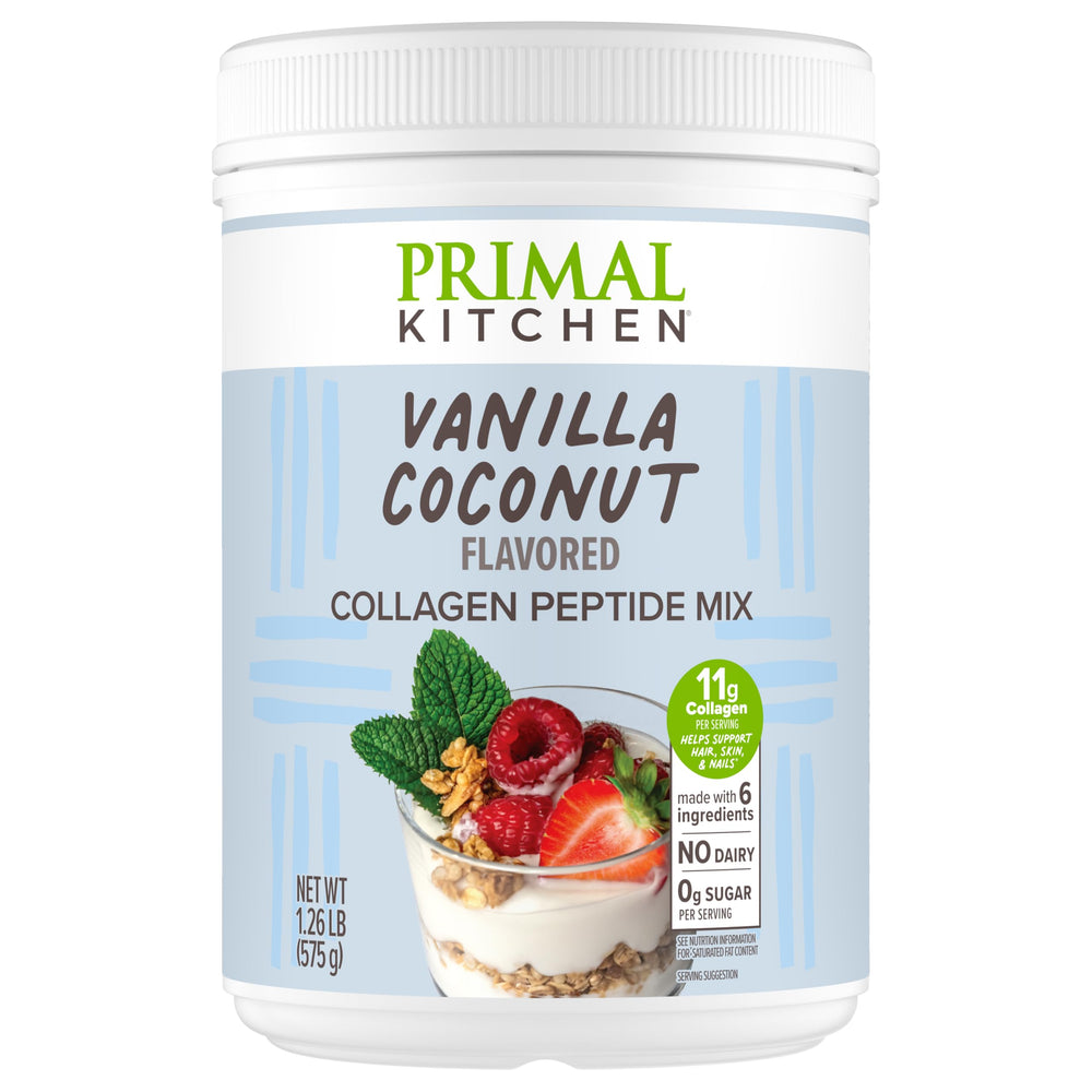 Primal Kitchen Vanilla Coconut Collagen Fuel bottle on counter for creamy vanilla collagen boost