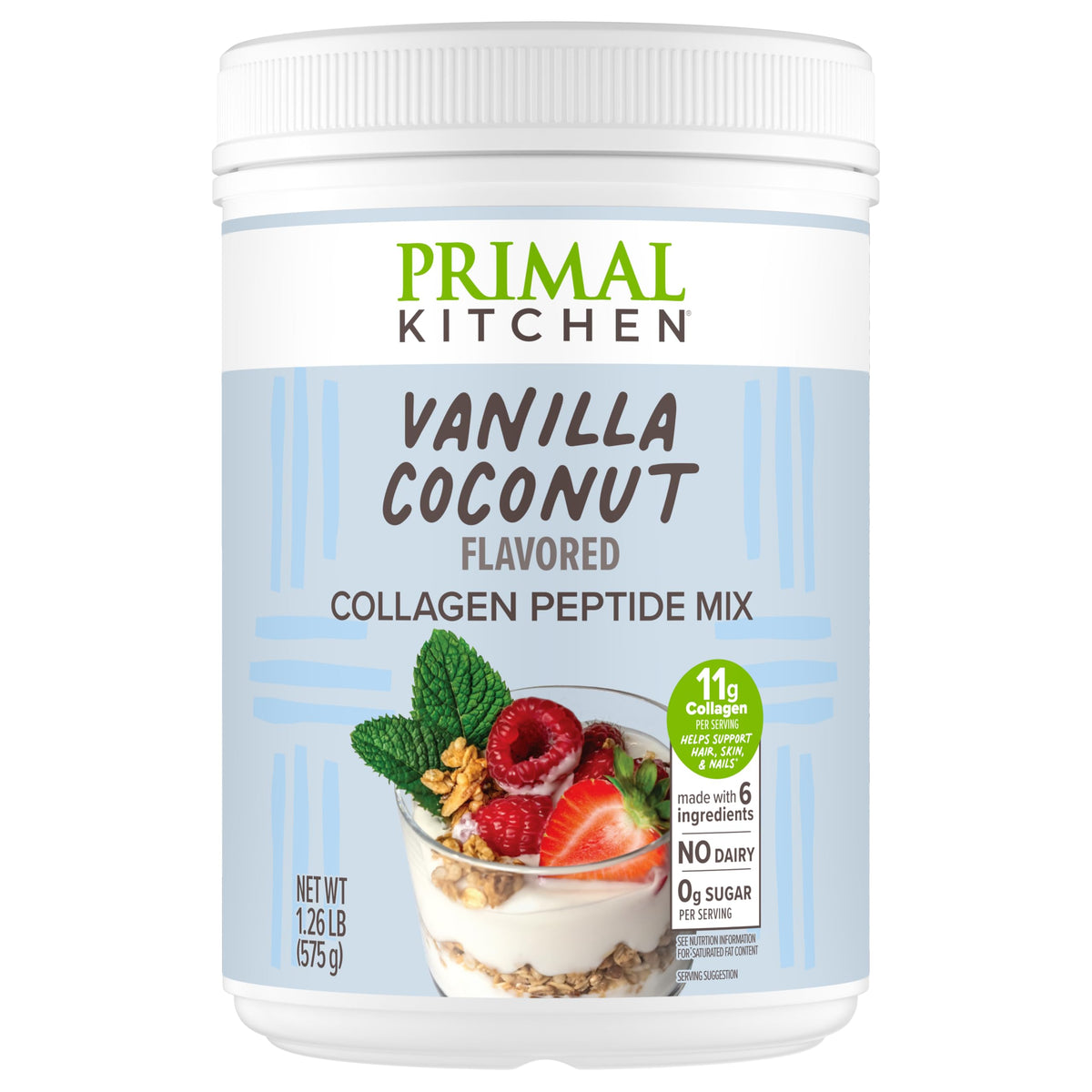 Primal Kitchen Vanilla Coconut Collagen Fuel bottle on counter for creamy vanilla collagen boost