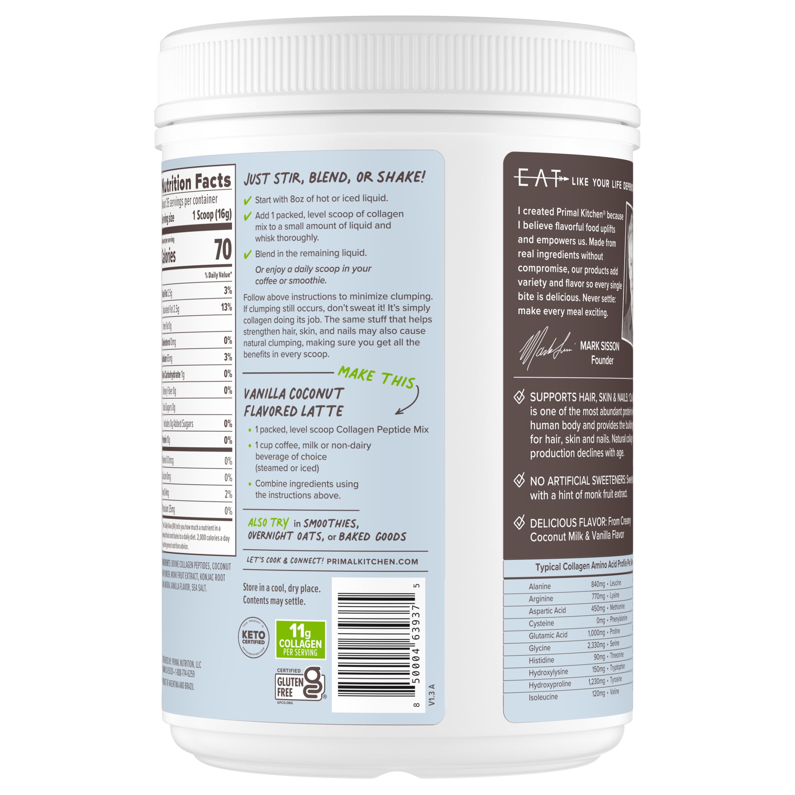 Primal Kitchen Vanilla Coconut Collagen Fuel scoop measuring daily collagen