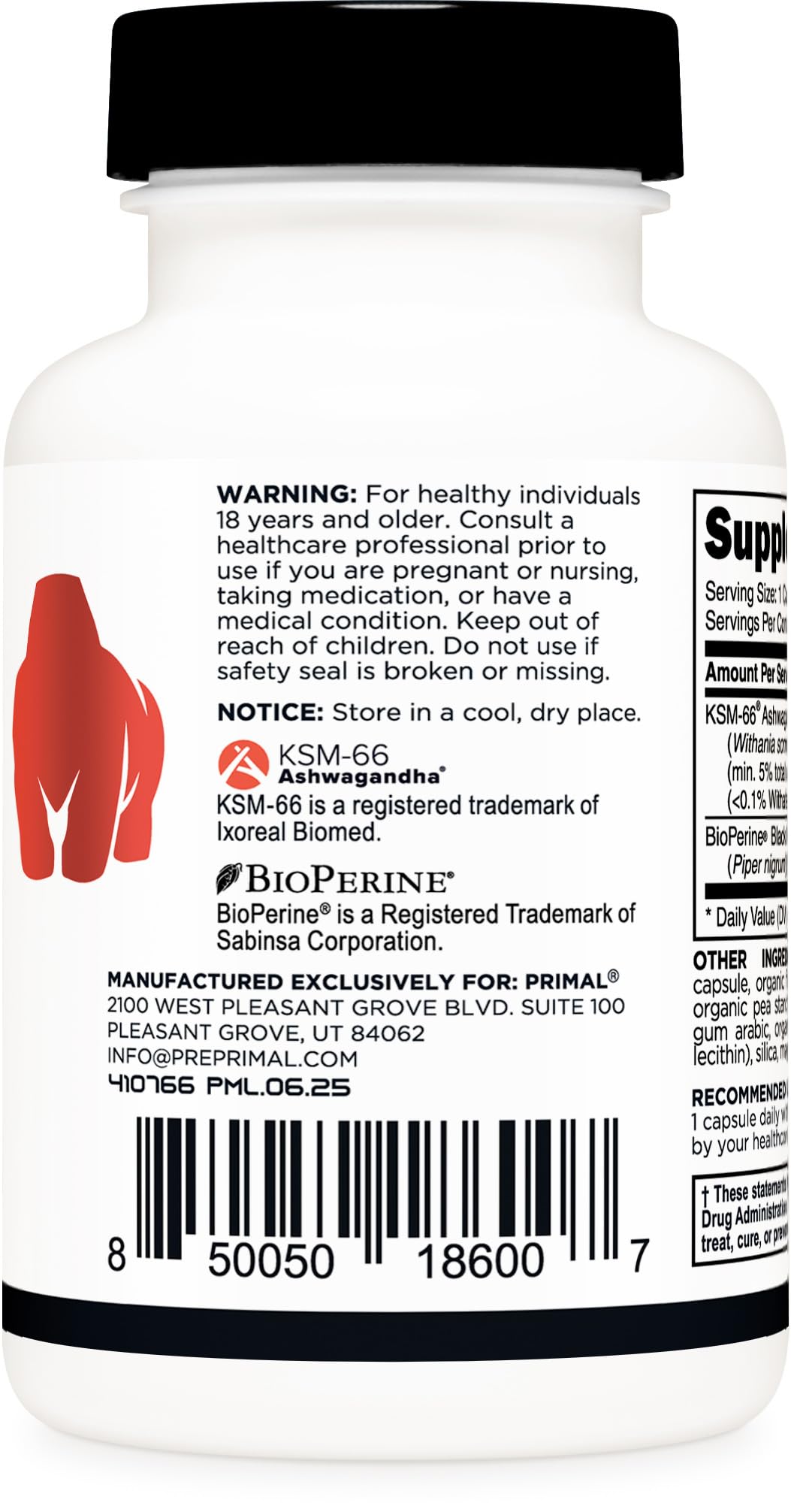 Primal KSM-66 Ashwagandha con extracto de pimienta negra: mejora la absorción.
