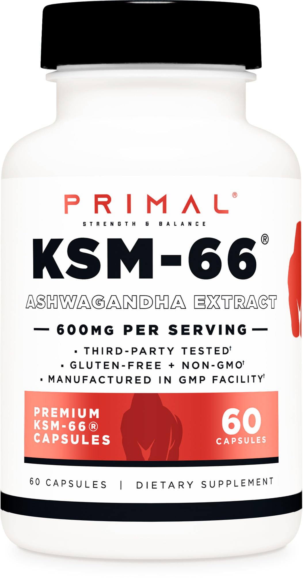 Primal KSM-66 Ashwagandha, botella: soporte para equilibrio diario.