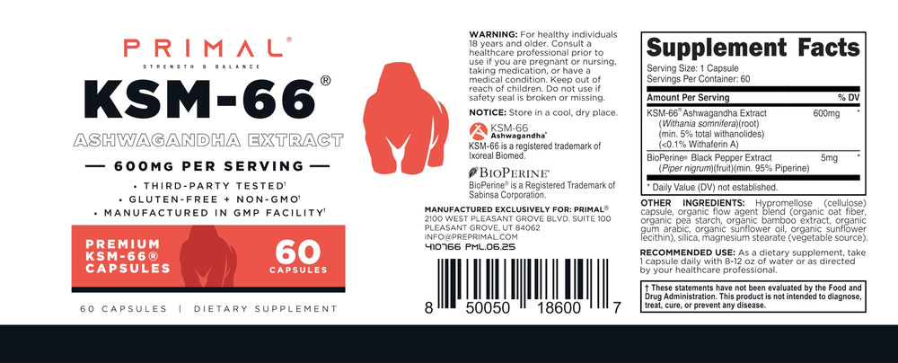 Primal KSM-66 Ashwagandha, cápsulas para uso diario en estilo de vida activo.