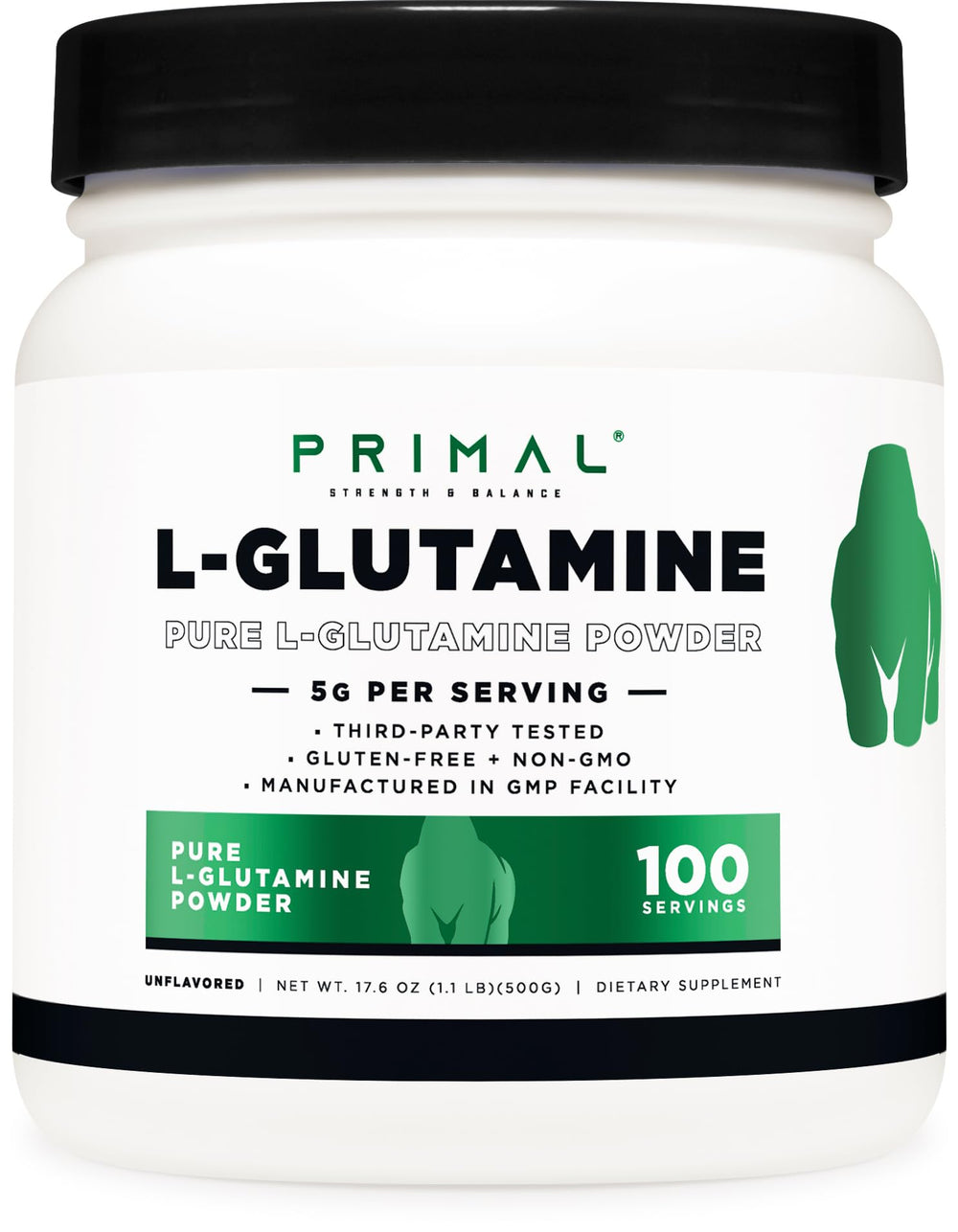 Primal L-Glutamine powder bottle highlights purity and convenient post-workout support.