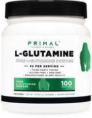 Primal L-Glutamine powder bottle highlights purity and convenient post-workout support.