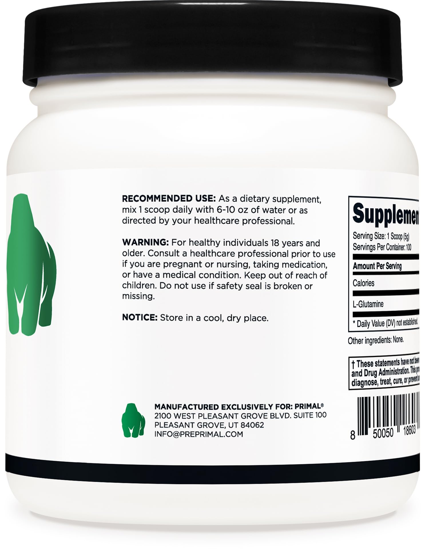 Primal L-Glutamine powder in shaker demonstrates versatile, flavor-free mixing.