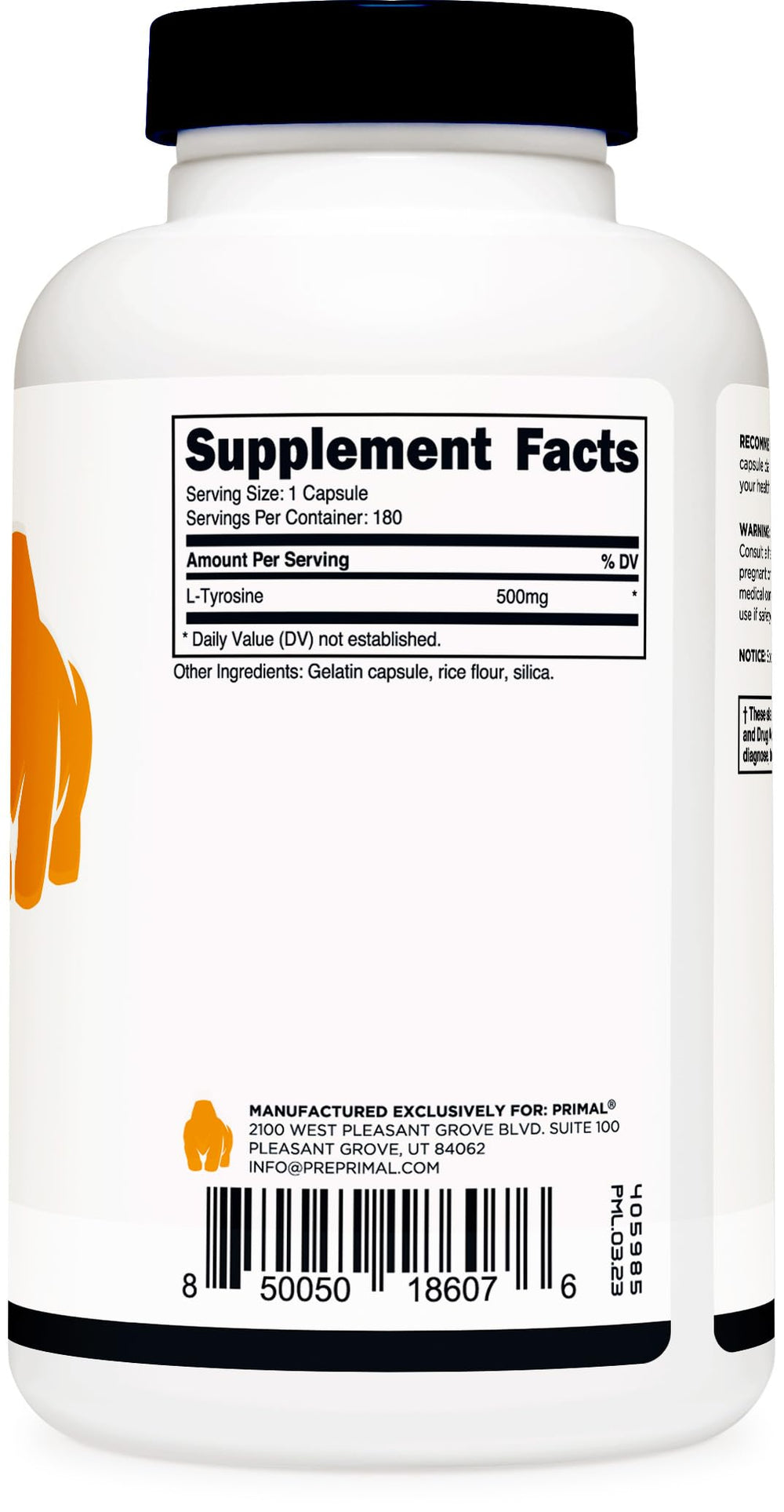 Primal L-Tyrosine bottle packaging emphasizing quality standards and NSF GMP.