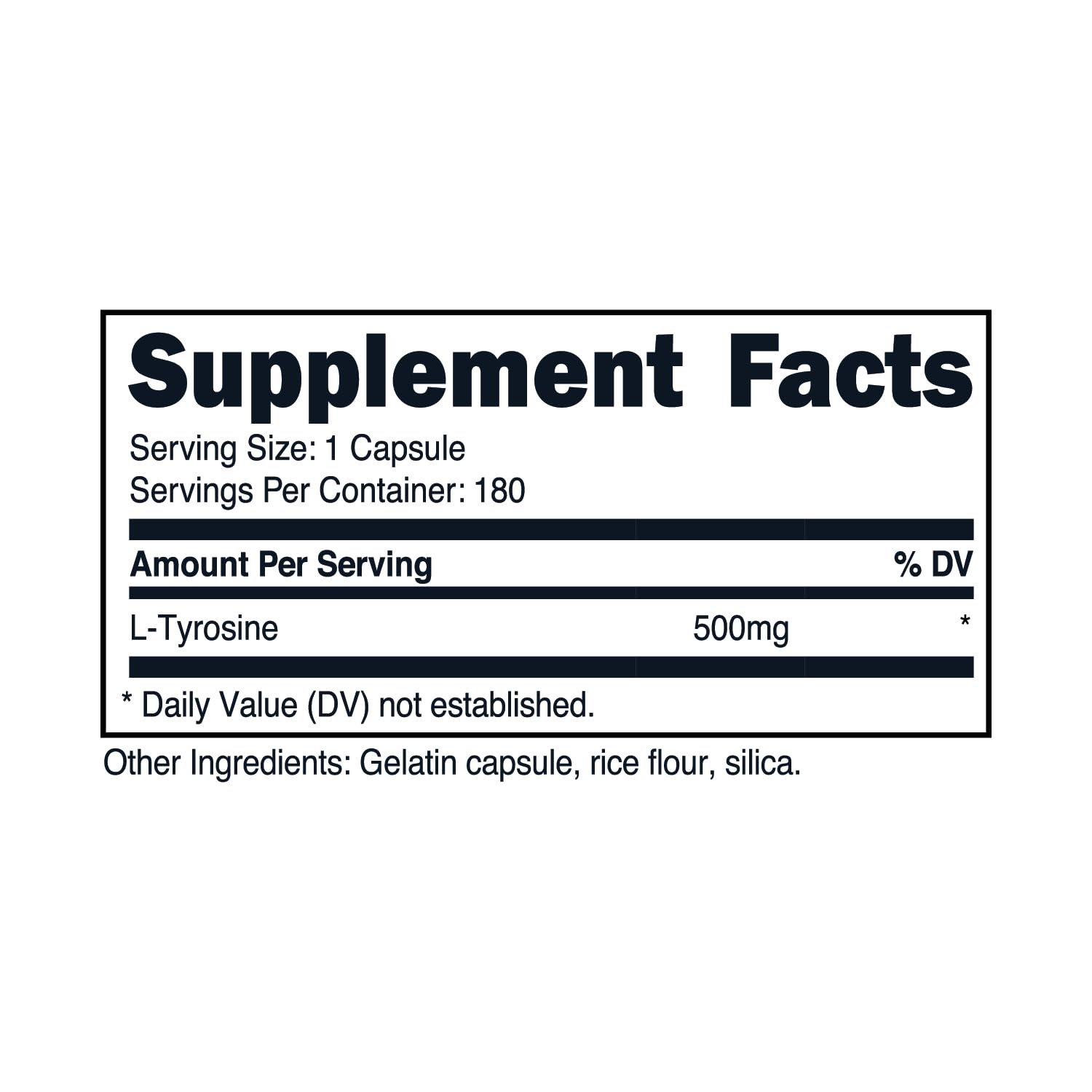 Closeup of Primal L-Tyrosine capsules highlighting 500 mg per serving.