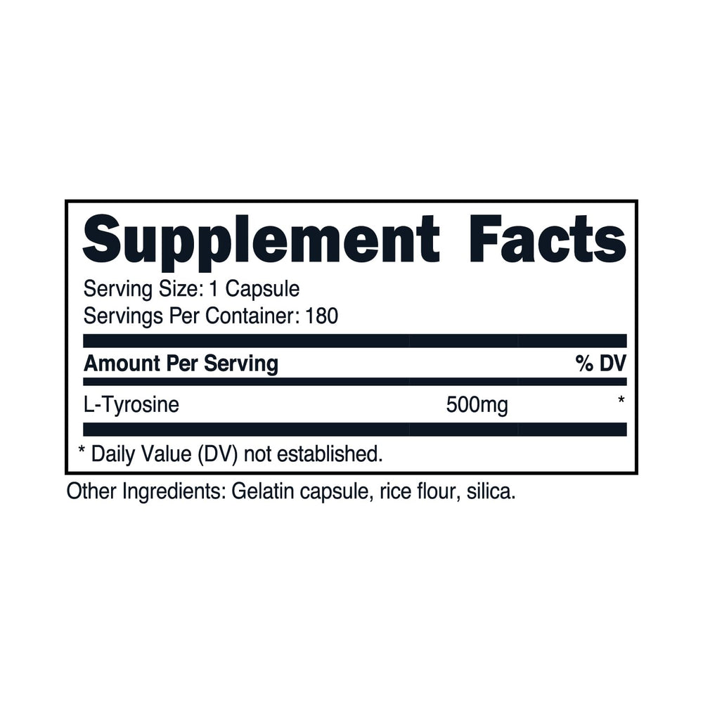 Closeup of Primal L-Tyrosine capsules highlighting 500 mg per serving.