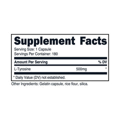 Closeup of Primal L-Tyrosine capsules highlighting 500 mg per serving.