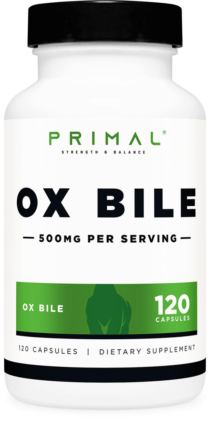 Primal Ox Bile bottle: convenient 120-capsule daily supply.