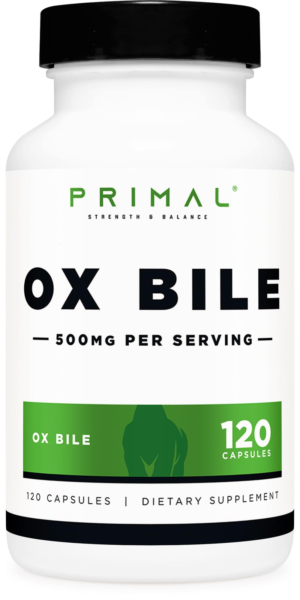 Primal Ox Bile bottle: convenient 120-capsule daily supply.