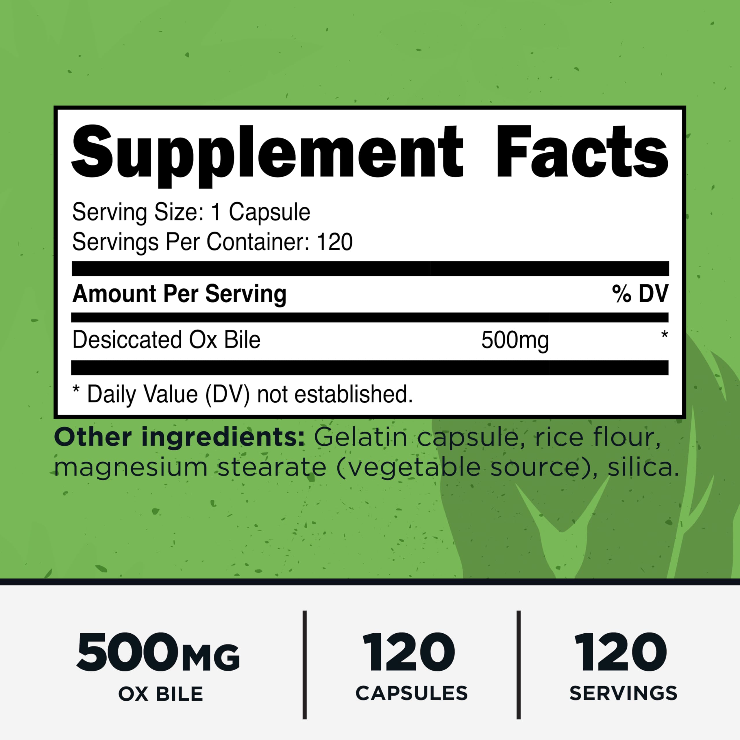Primal Ox Bile capsules in bottle show the 500 mg serving.