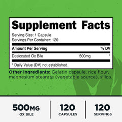Primal Ox Bile capsules in bottle show the 500 mg serving.