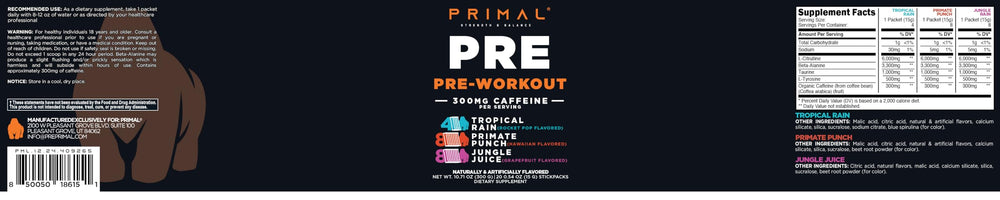 Primal PRE ingredients panel highlight L-Citrulline and Beta-Alanine benefits.