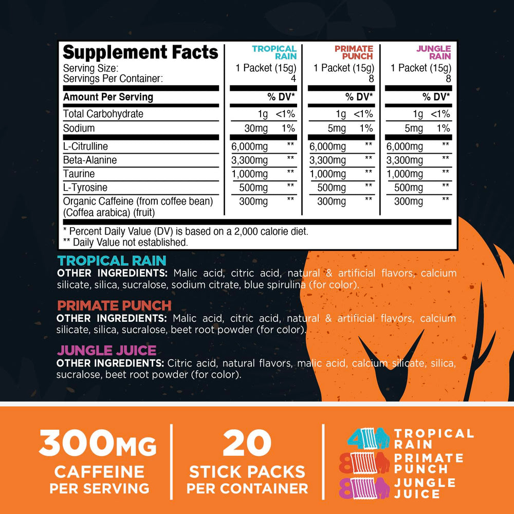 Primal PRE Tropical Rain stickpack showing flavor for energized training sessions.