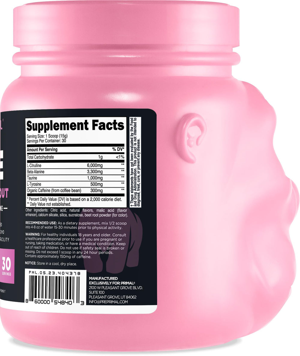 Primal Pre-Workout grapefruit label closeup highlights gluten-free and non-GMO formula.