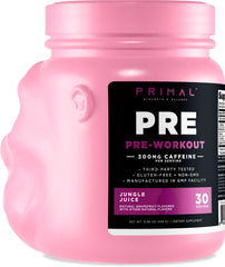 Primal Pre-Workout grapefruit scoop and powder ready for quick mixing.
