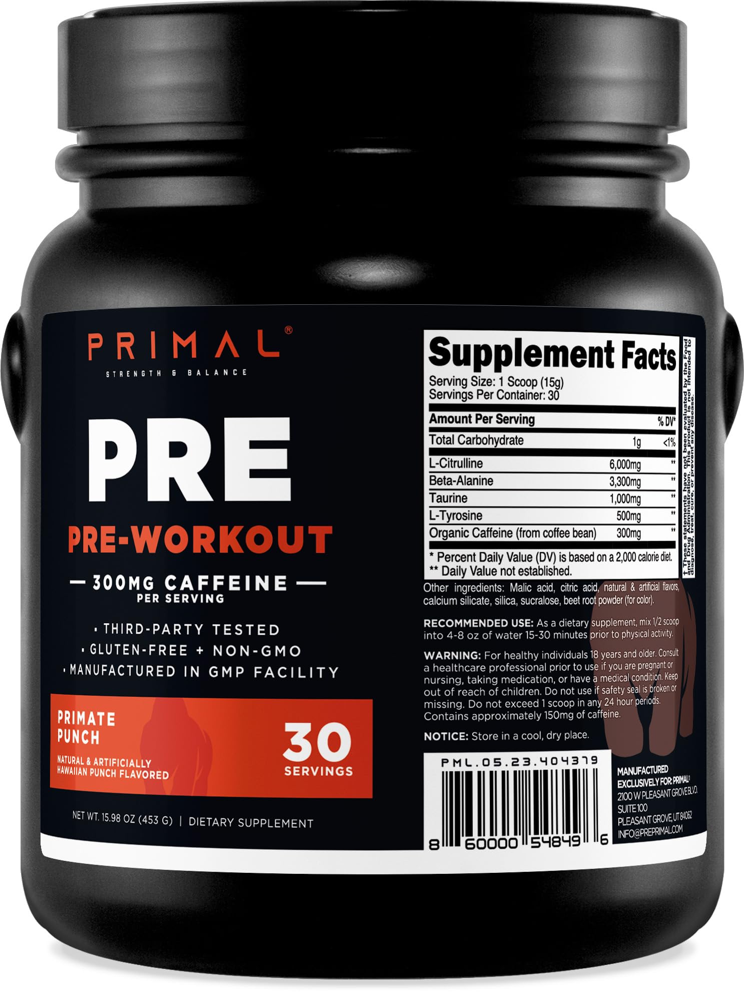 Primal Primate Punch bottle front view showcasing tropical flavor for a refreshing pre-workout boost