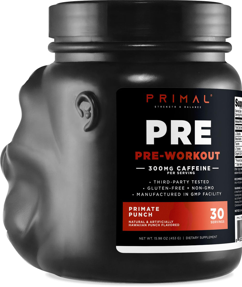 Scoop of Primal Primate Punch powder ready to mix with water for a fast workout boost