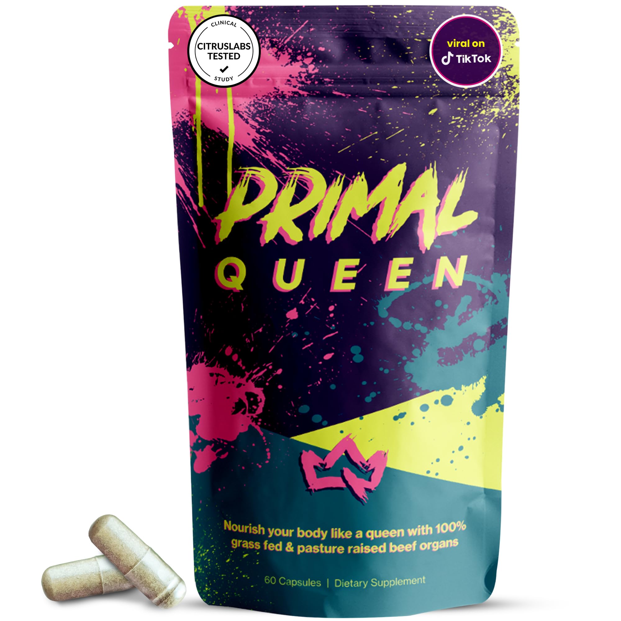 Primal Queen beef organ supplement front bottle promotes daily nutrition.