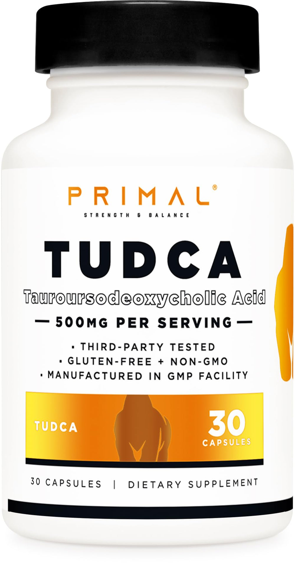 Primal Tudca 500mg bottle displays clear dosage for easy daily use.