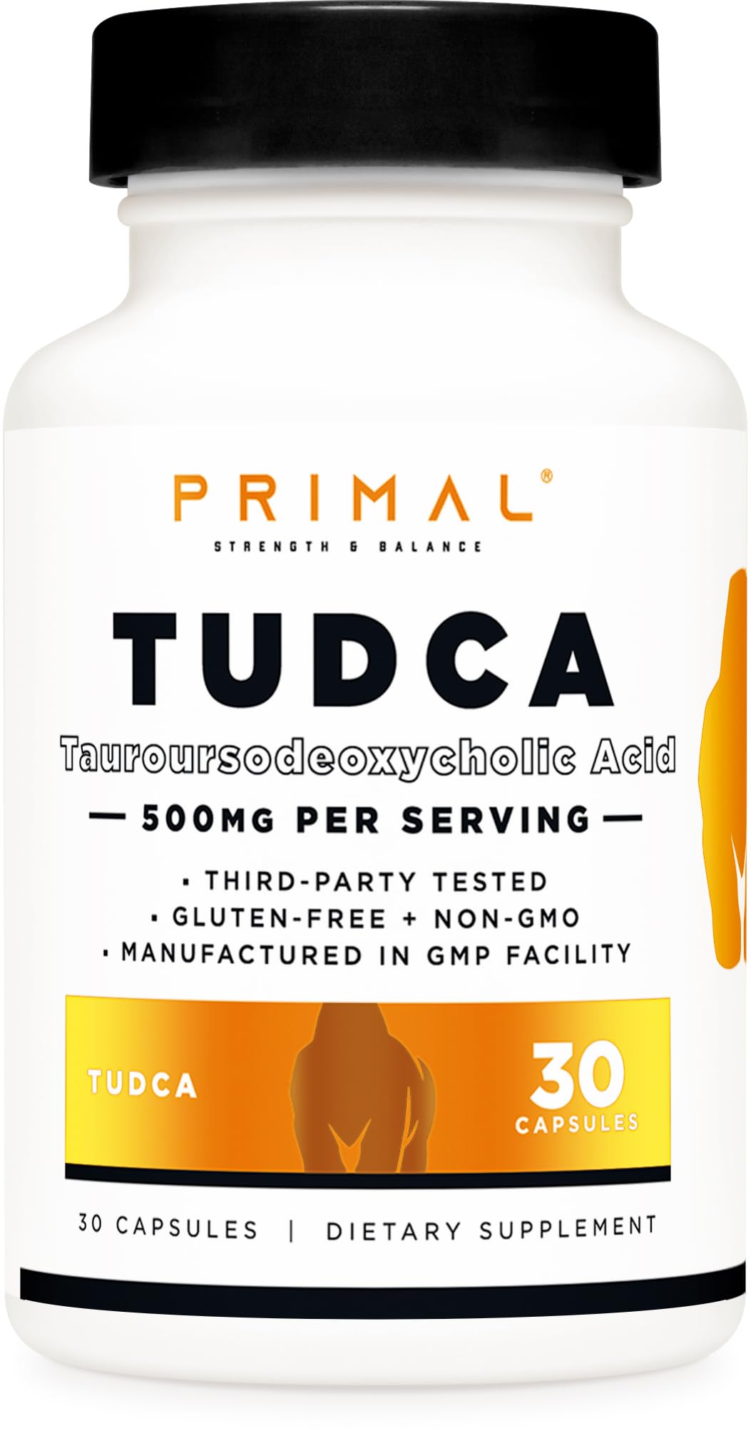 Primal Tudca 500mg bottle displays clear dosage for easy daily use.