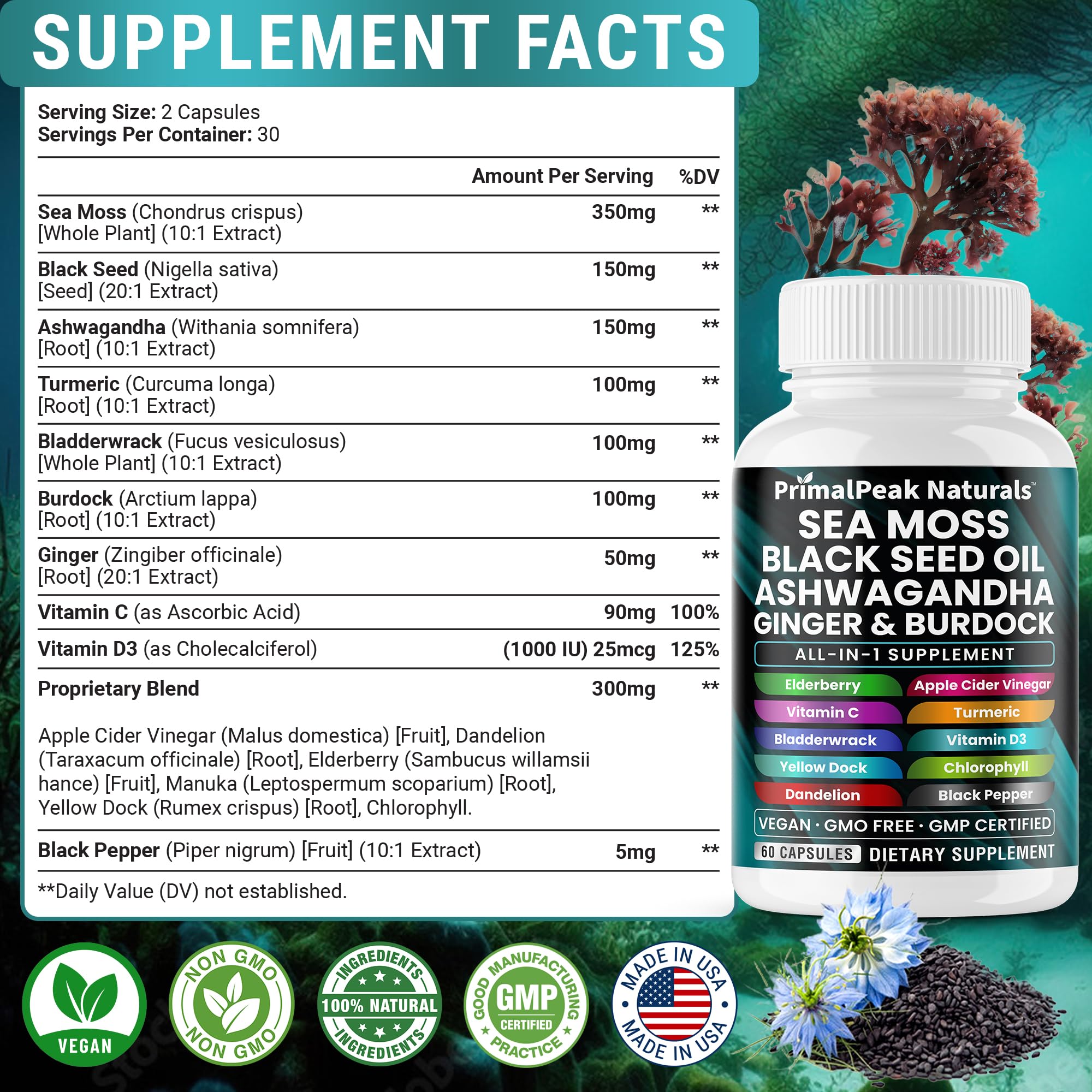 PrimalPeak Naturals Ashwagandha extract capsules for calm focus and balanced energy