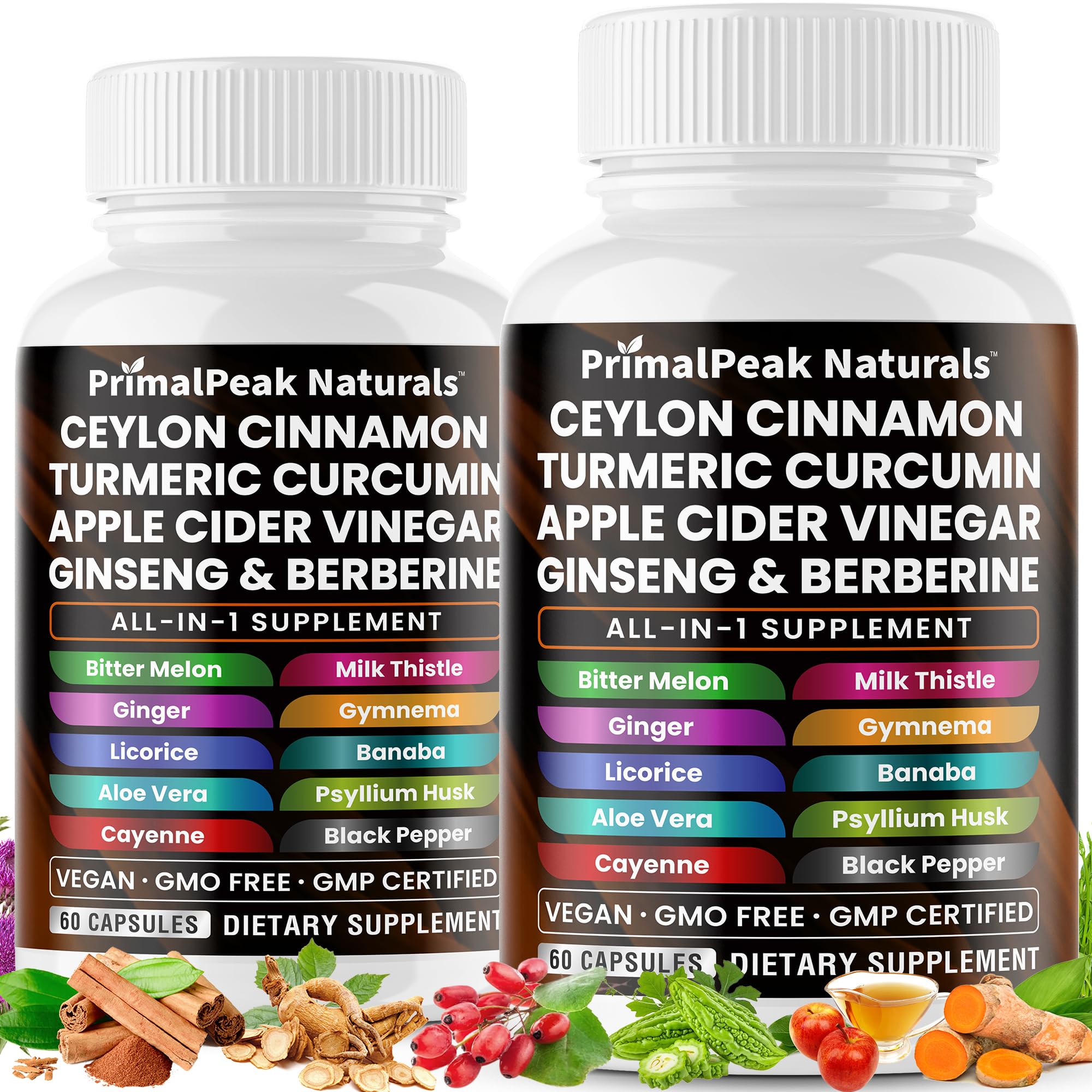 PrimalPeak Naturals ceylon cinnamon acv bottle showing the 17-in-1 wellness blend