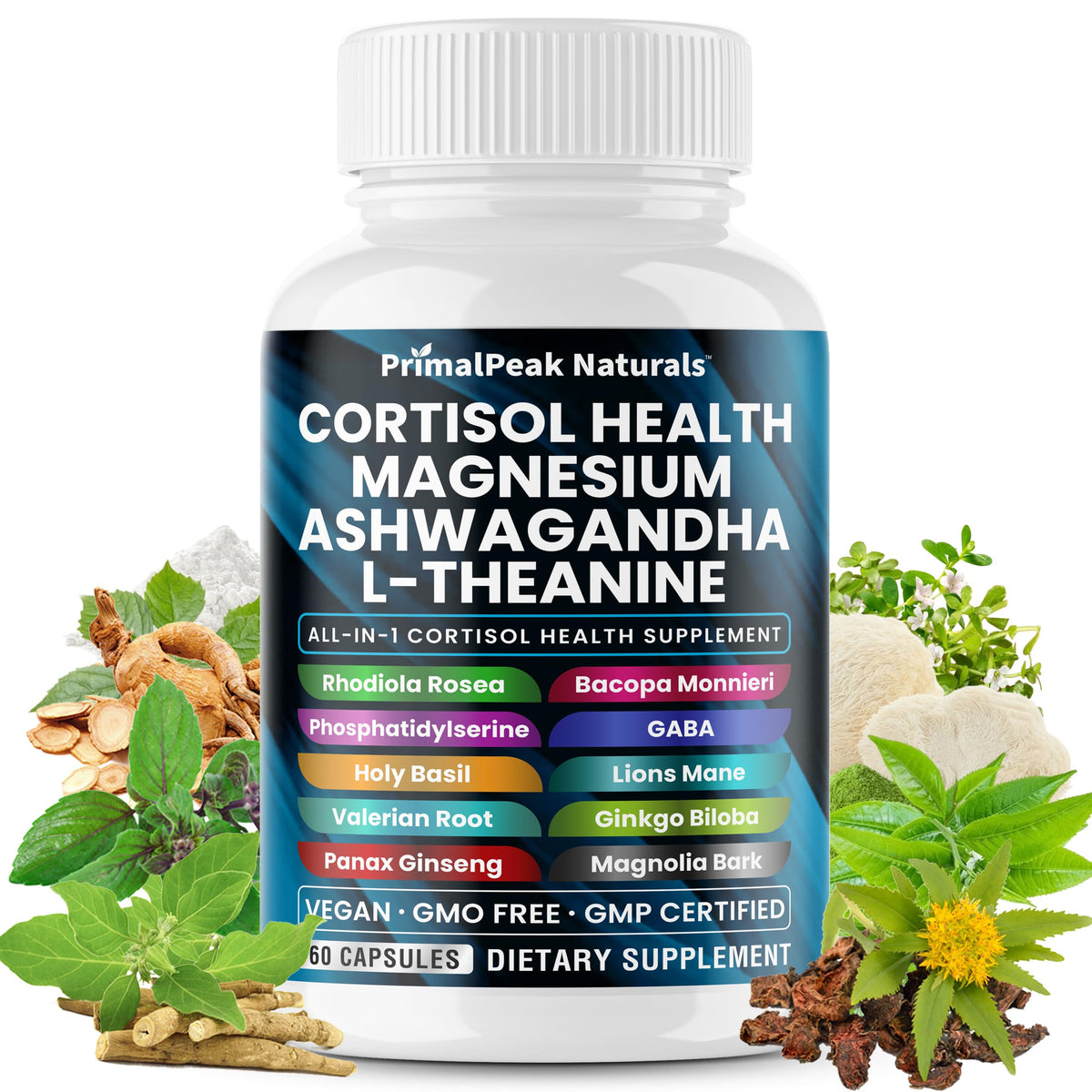 PrimalPeak Naturals Cortisol Support bottle front for a calm, balanced daily routine.