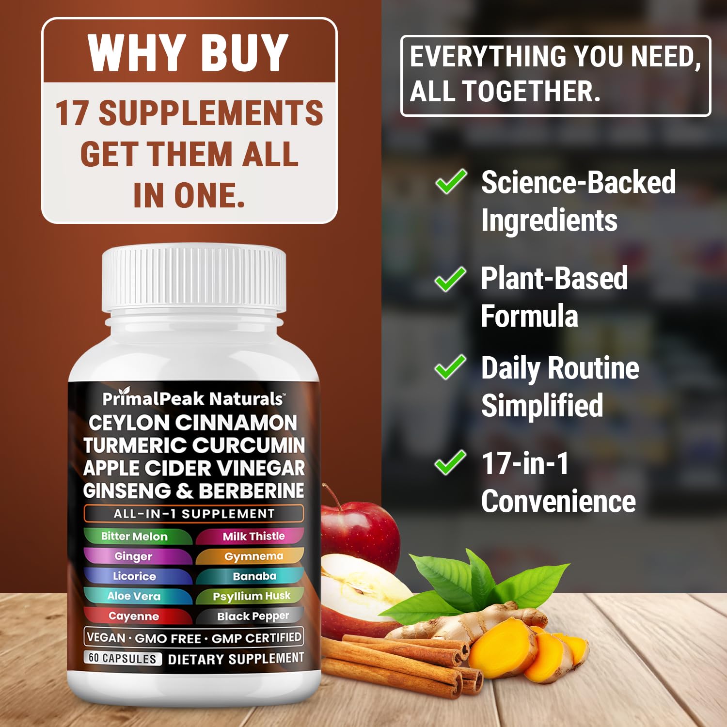 PrimalPeak Naturals ingredient panel close-up highlights cinnamon acv ginseng and more
