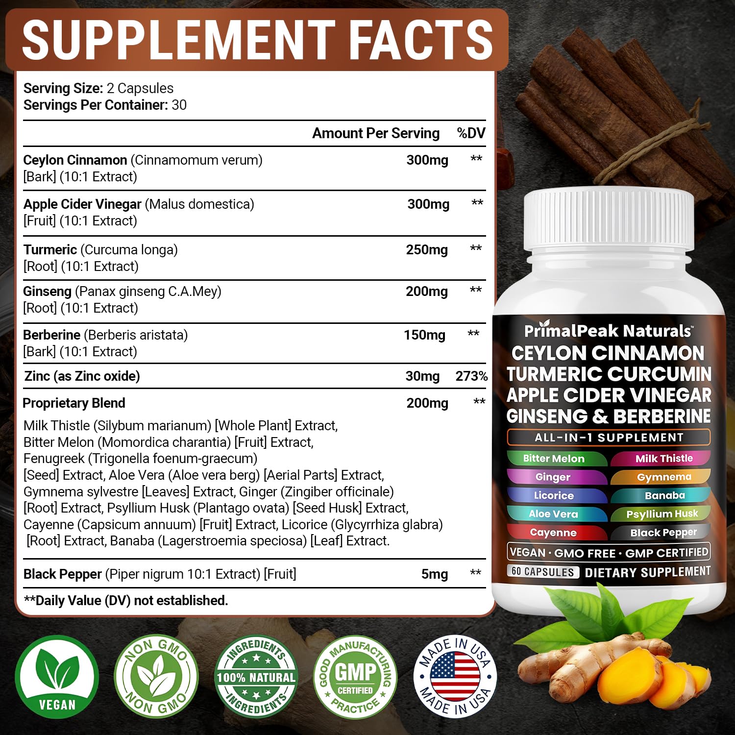 PrimalPeak Naturals ingredients panel showcases a diverse botanical blend for daily use.