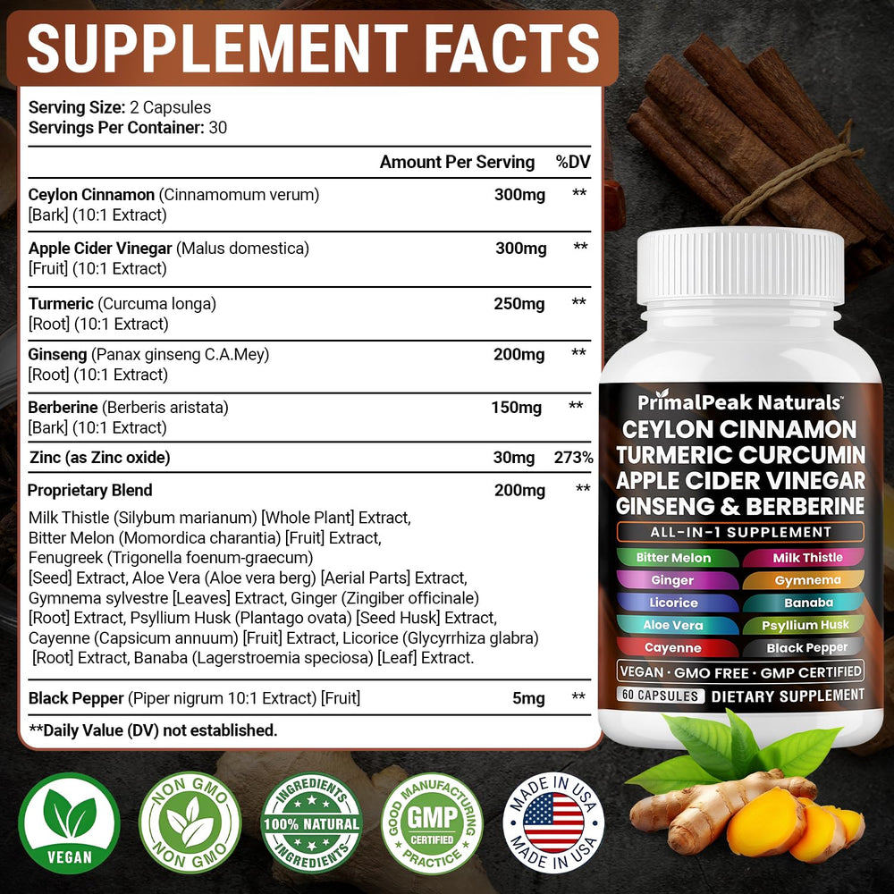 PrimalPeak Naturals ingredients panel showcases a diverse botanical blend for daily use.
