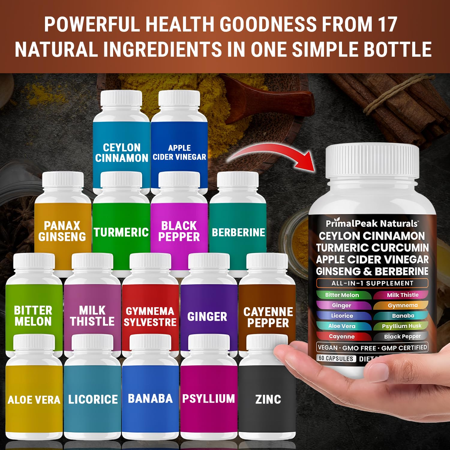 PrimalPeak Naturals label design communicates vegan capsules and clean formulation.