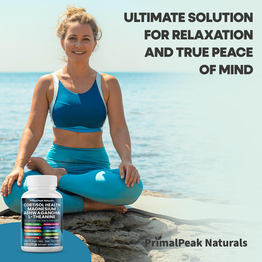 PrimalPeak Naturals night-use scene shows bottle beside water for evenings.