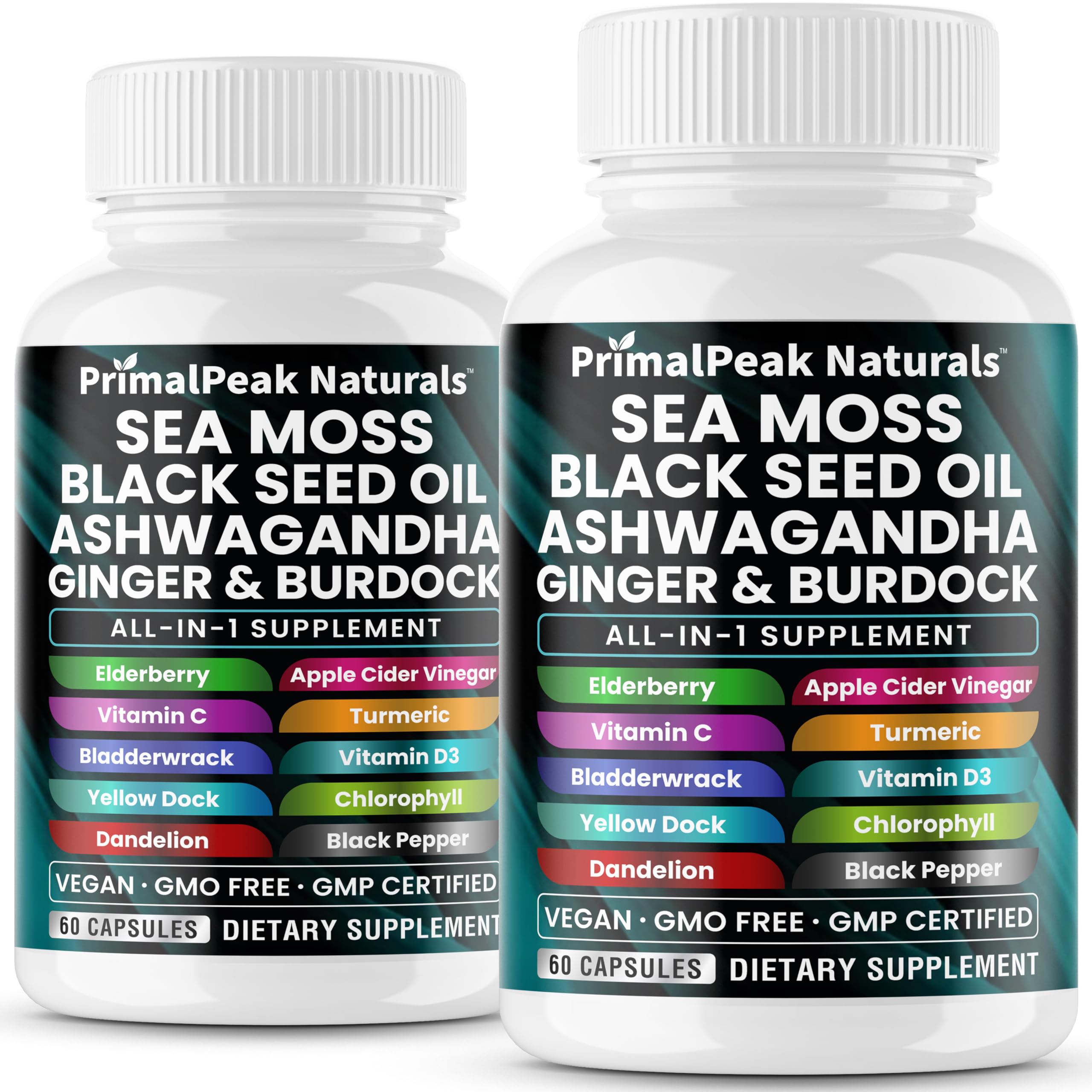 PrimalPeak Naturals Sea Moss bottle showing a nutrient-rich blend for daily vitality