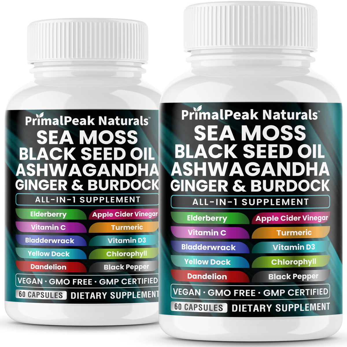 PrimalPeak Naturals Sea Moss bottle showing a nutrient-rich blend for daily vitality