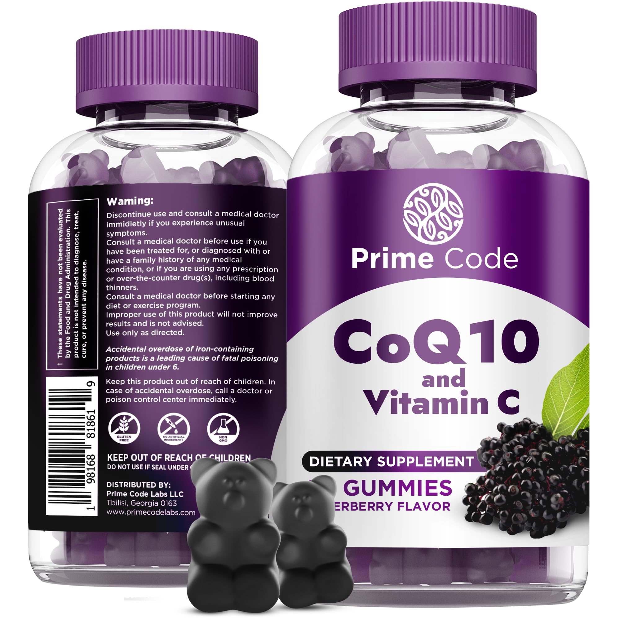 Prime Code CoQ10 gummies bottle with elderberry flavor for antioxidant support