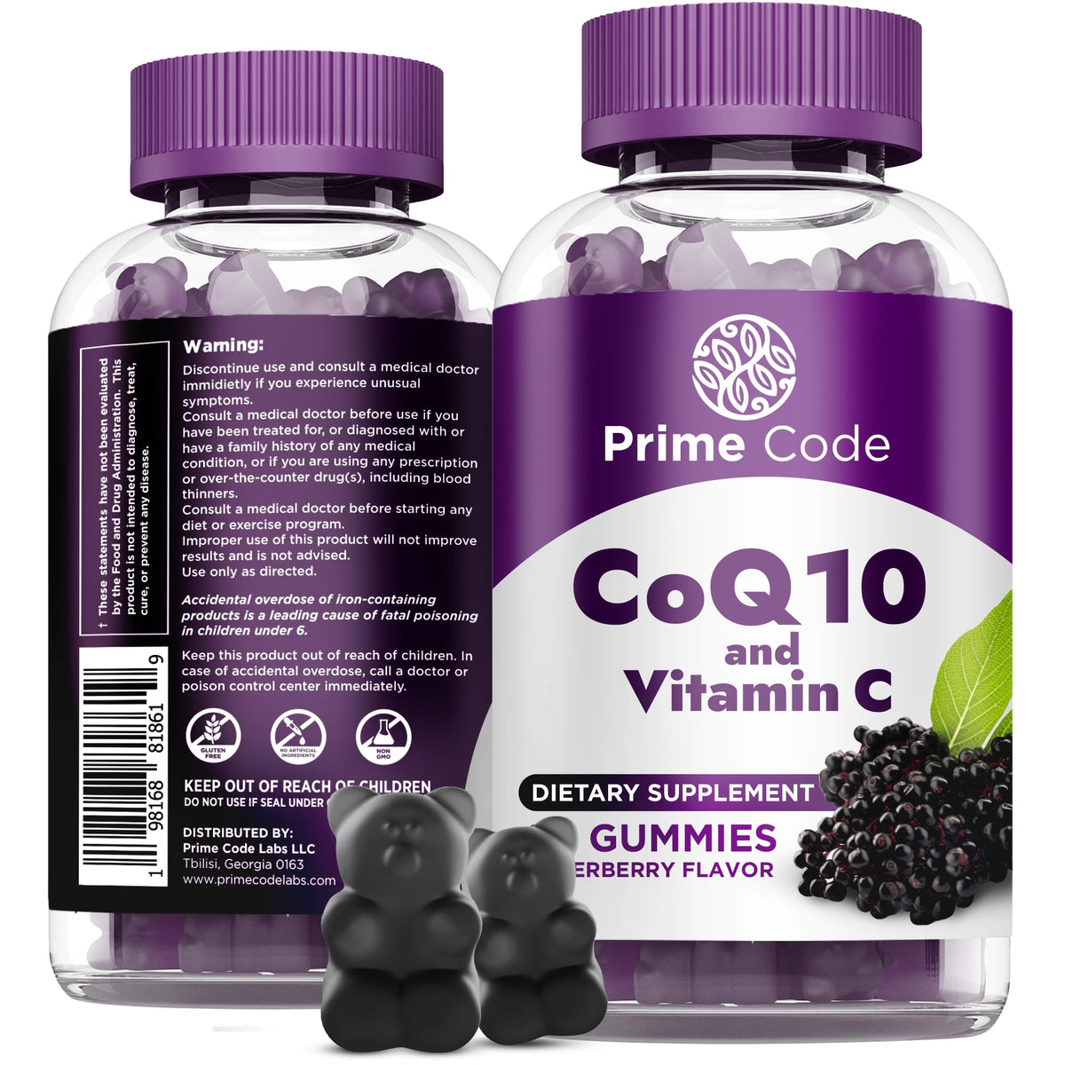 Prime Code CoQ10 gummies bottle with elderberry flavor for antioxidant support