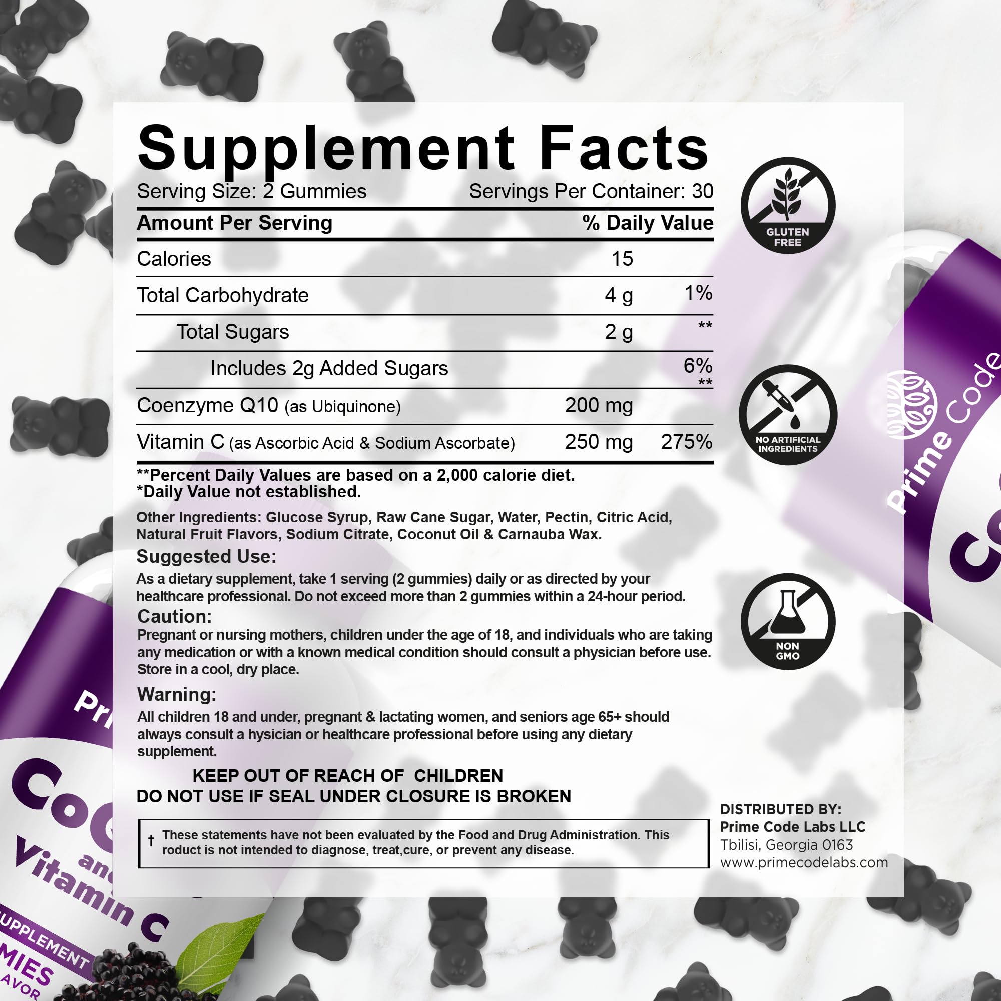 Close-up of Prime Code CoQ10 gummies label highlighting vegan, gluten-free claim