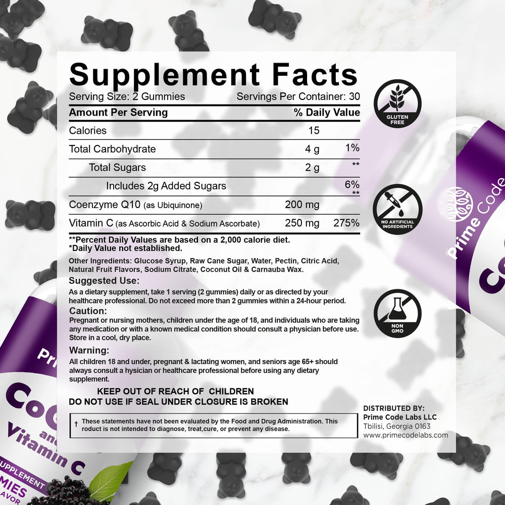 Close-up of Prime Code CoQ10 gummies label highlighting vegan, gluten-free claim
