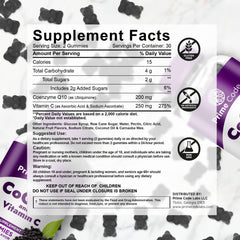 Close-up of Prime Code CoQ10 gummies label highlighting vegan, gluten-free claim