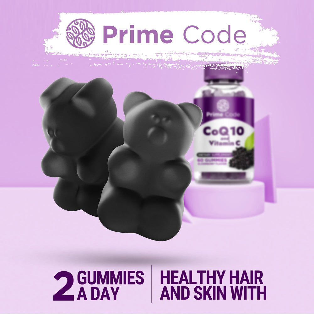 Packaging box of Prime Code CoQ10 gummies showing vegan and non-GMO features