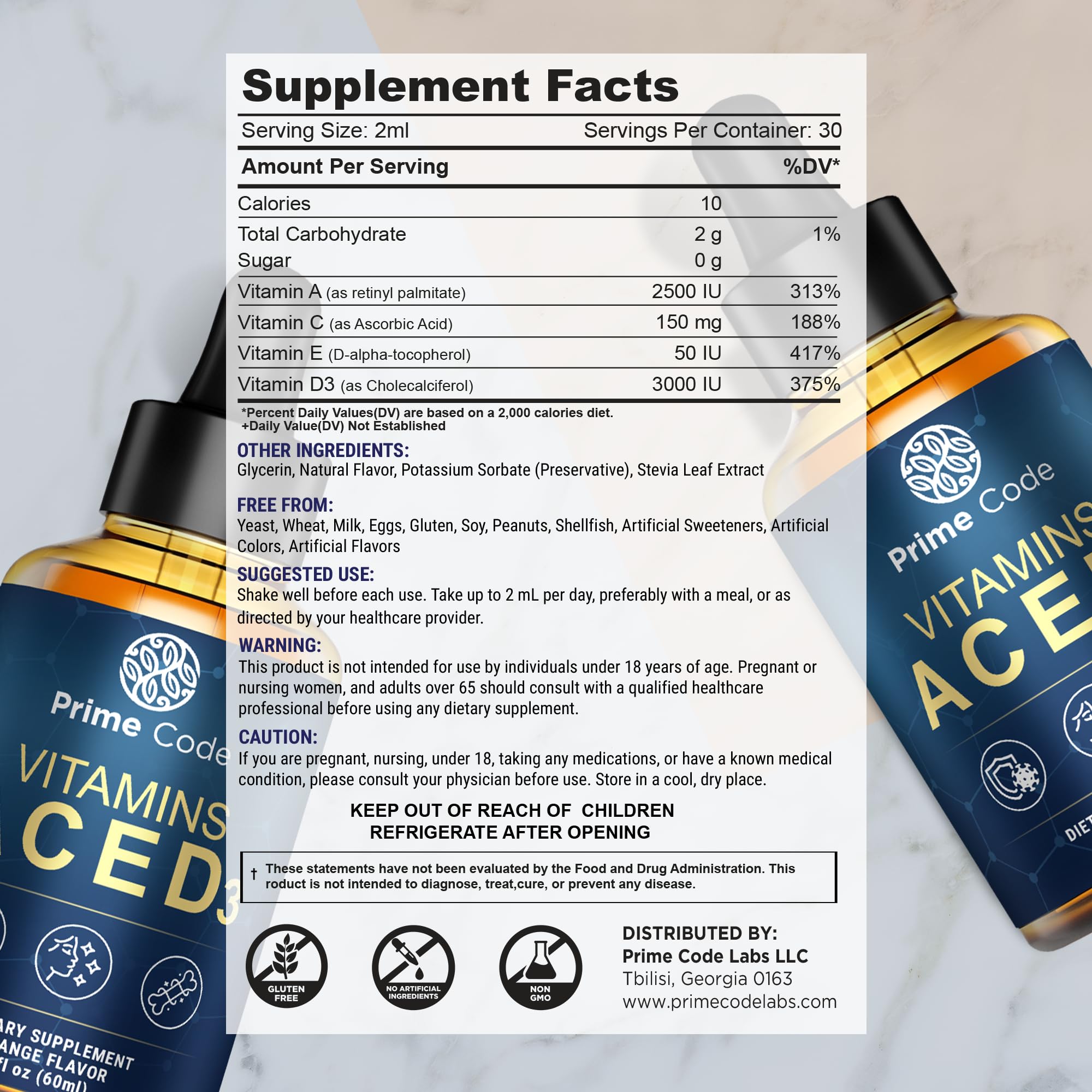Prime Code immune-support label close-up showcases non-GMO and natural ingredients