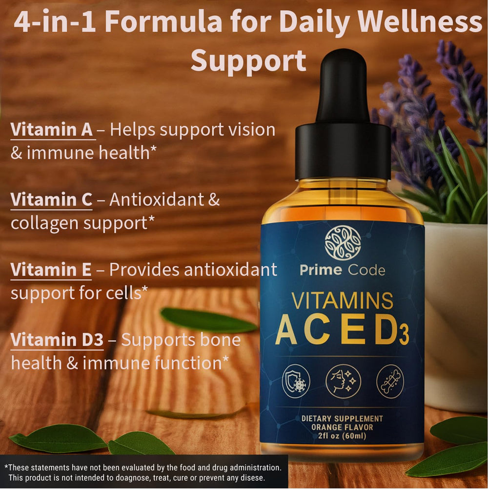 Prime Code orange-flavor liquid vitamins image emphasizes pleasant taste and daily wellness