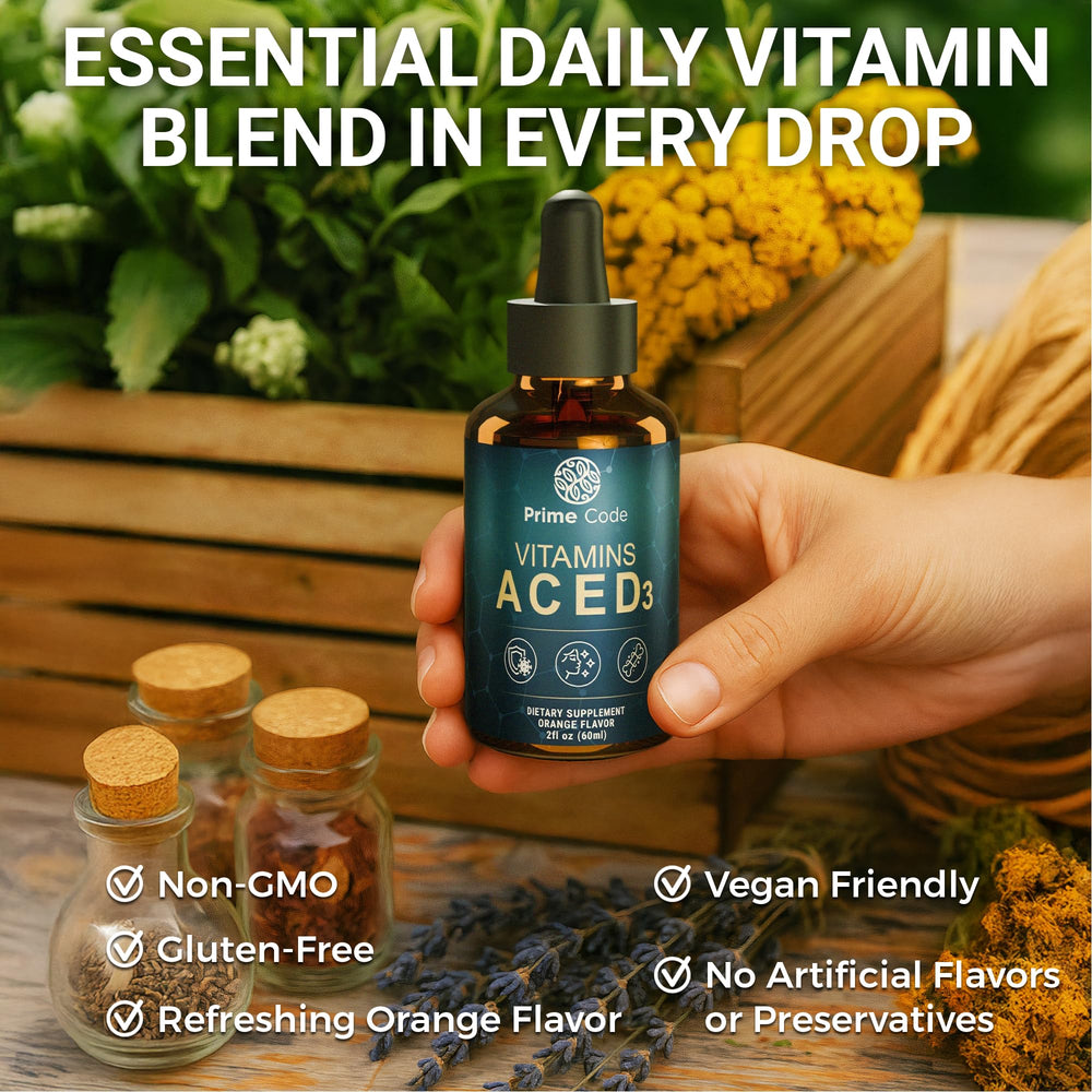 Prime Code vitamin-E and C glow in liquid drops suggesting skin and heart benefits
