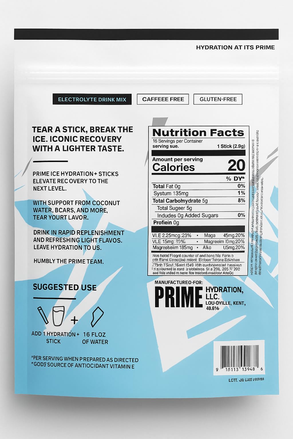 PRIME HYDRATION ICE Sticks being mixed in water for quick, caffeine-free refreshment.