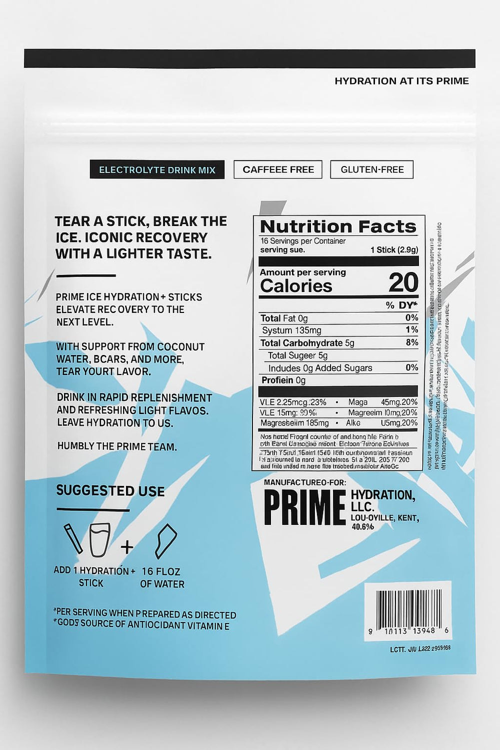 PRIME HYDRATION ICE Sticks being mixed in water for quick, caffeine-free refreshment.